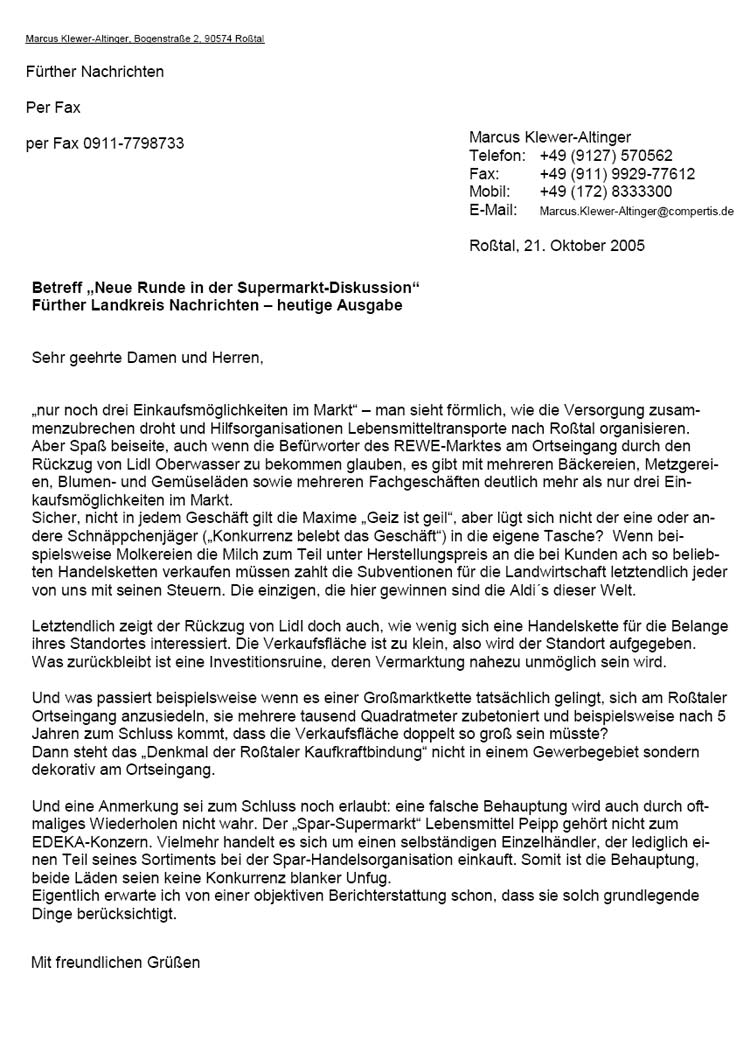 Vollst�ndiger Leserbrief von Markus Klewer-Altinger