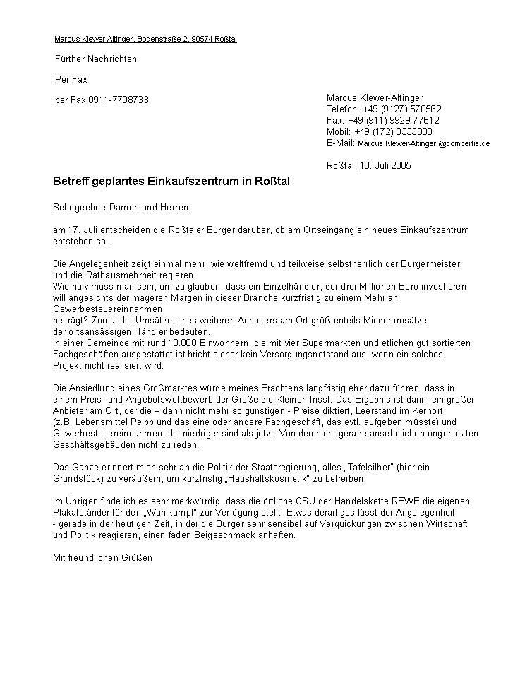 Leserbrief zum geplanten Supermarkt